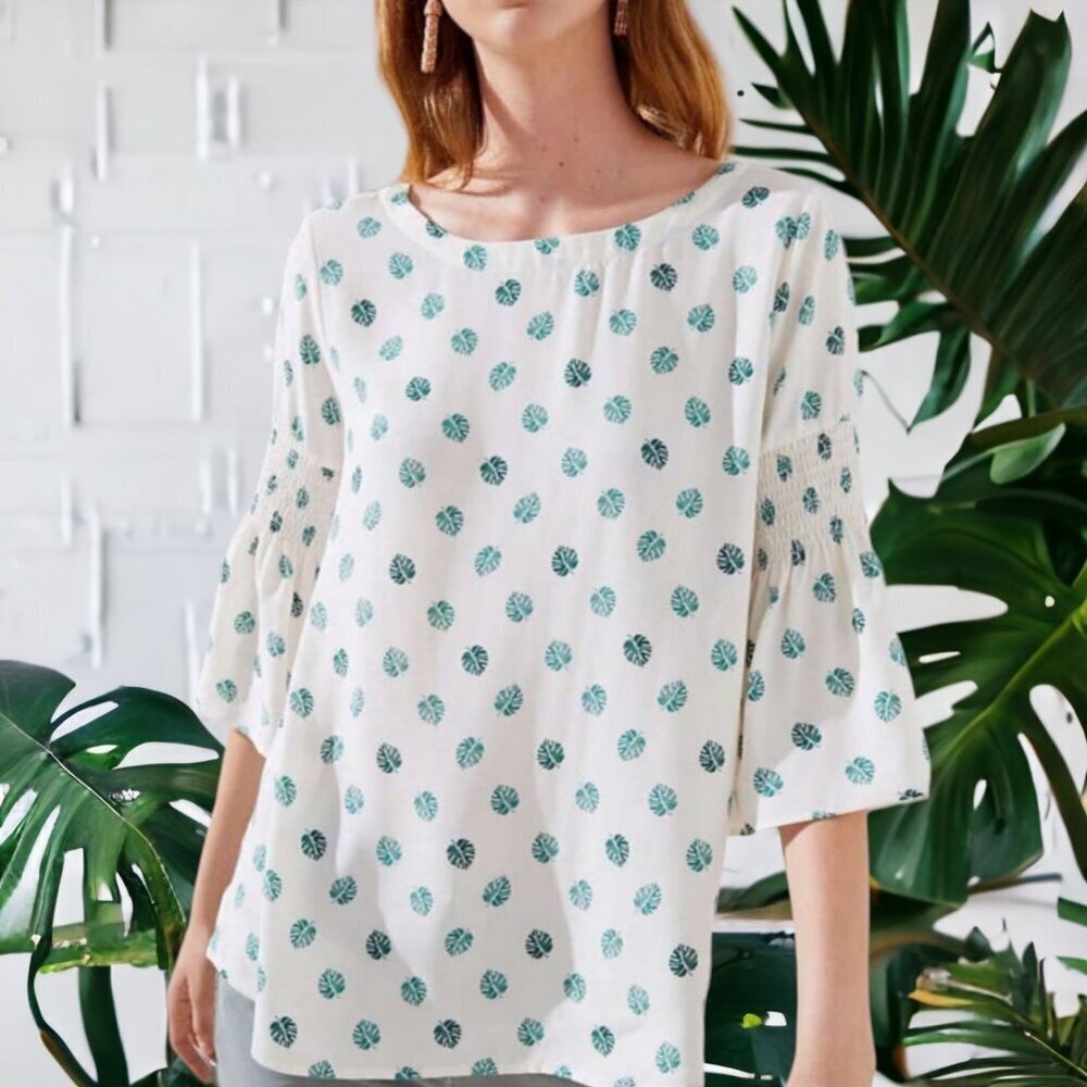 LOFT Lightweight Monstera Leaf Print Boho Flared Sleeve Blouse Women's Sz XS